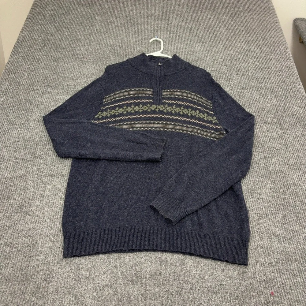 Banana Republic Sweater Men XL Blue Cotton Blend Fair Isle Quarter Zip Mock Neck